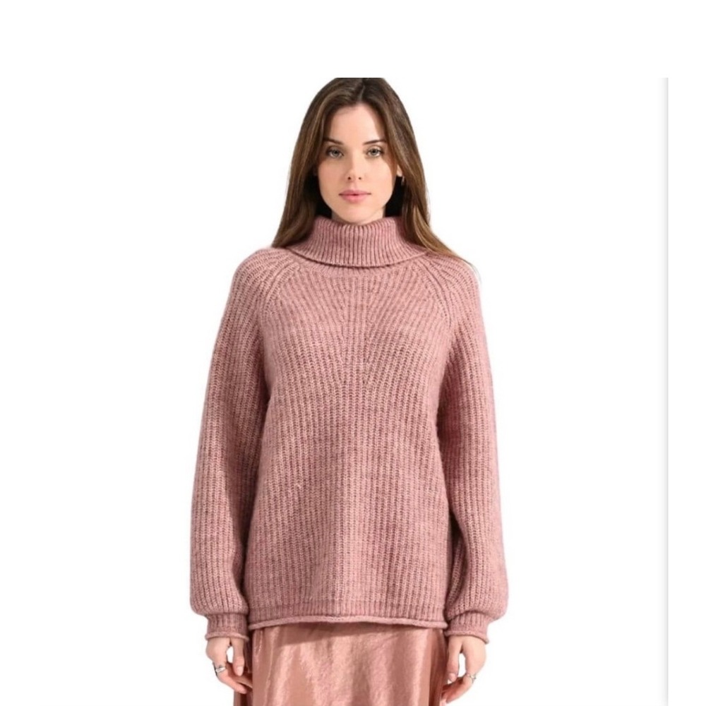 Molly Bracken Turtleneck Sweater Ribbed Knit Pink Large Wool Blend Cozy